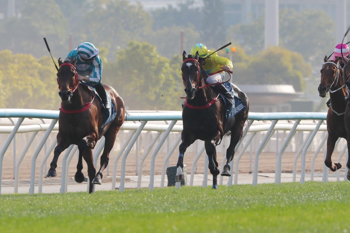 James McDonald looks over his shoulder as Romantic Warrior surges clear in the Stewards’ Cup. Photos: Kenneth Chan