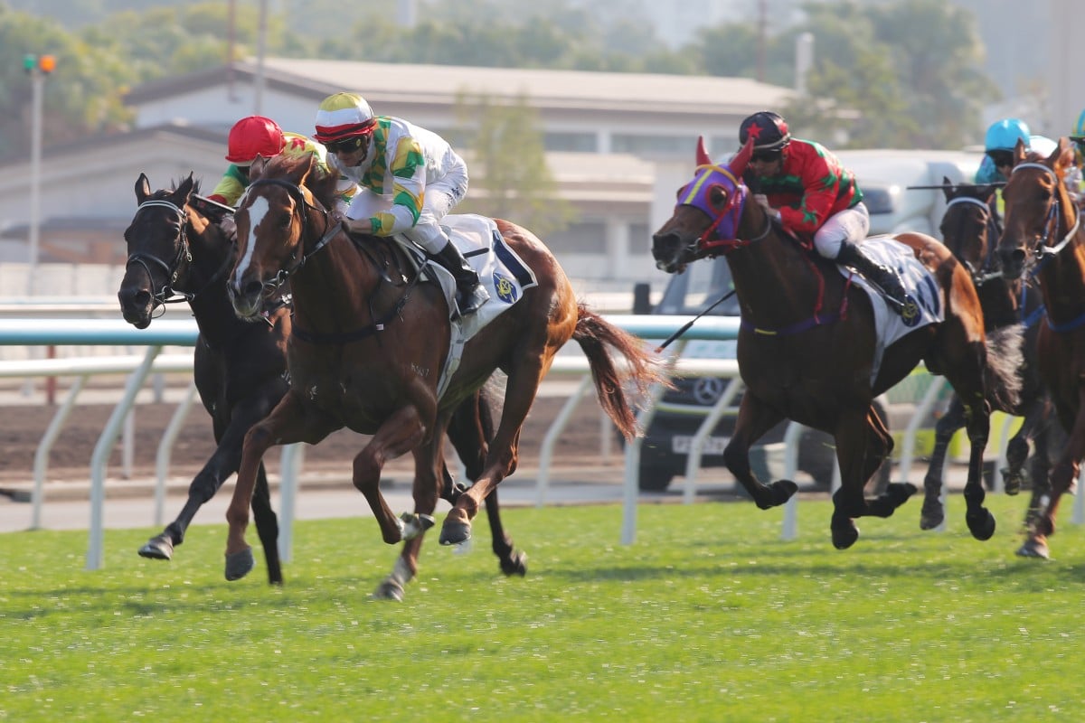 Sagacious Life surges to victory under Zac Purton. Photos: Kenneth Chan