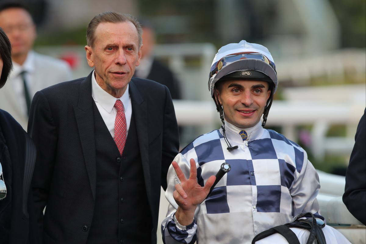 Trainer Joh Size and jockey Andrea Atzeni after Flow Water Flow’s thrilling win. Photos: Kenneth Chan
