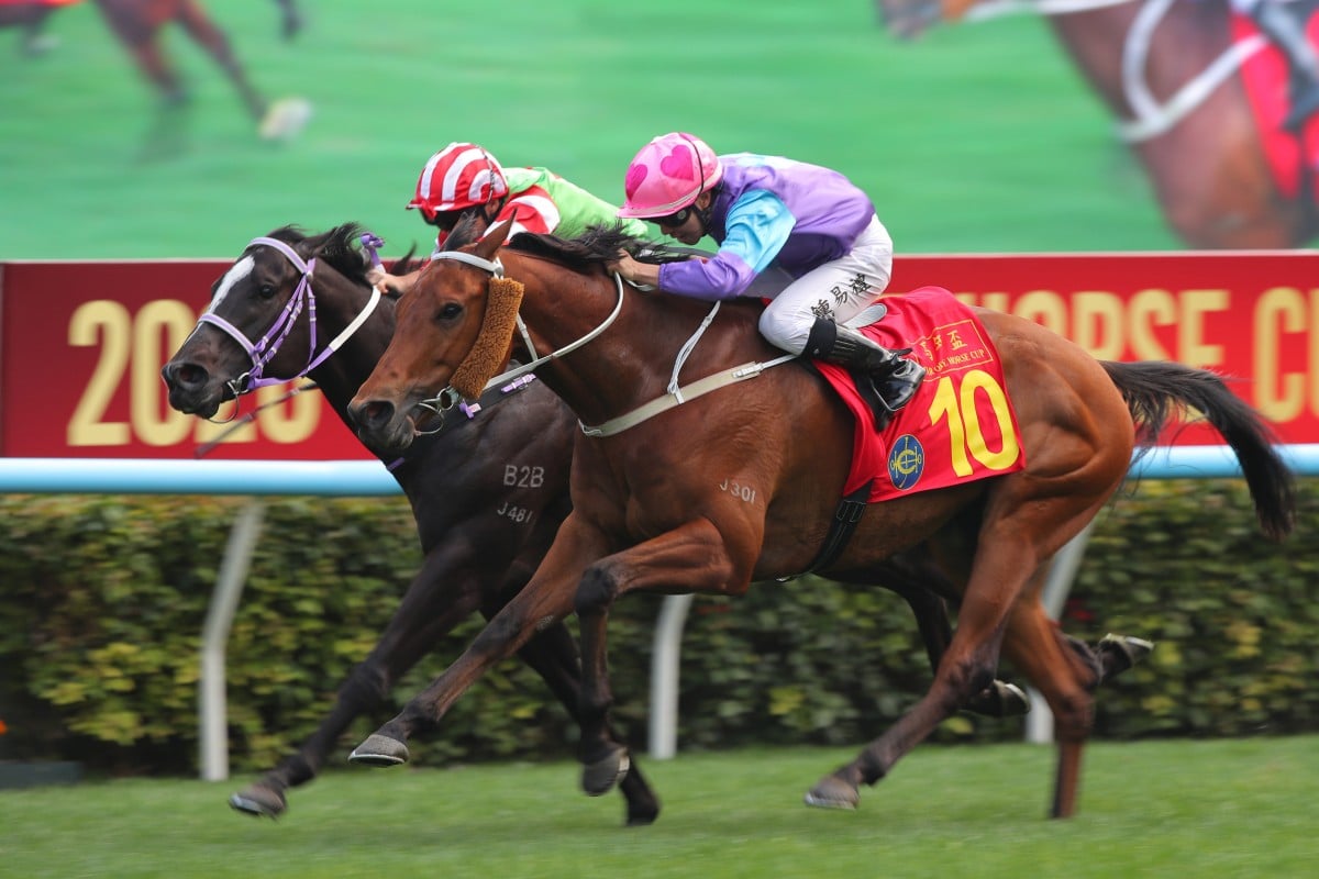 Stunning Peach gets up on the outside of Top Dragon to narrowly win the Year Of The Horse Cup. Photos: Kenneth Chan