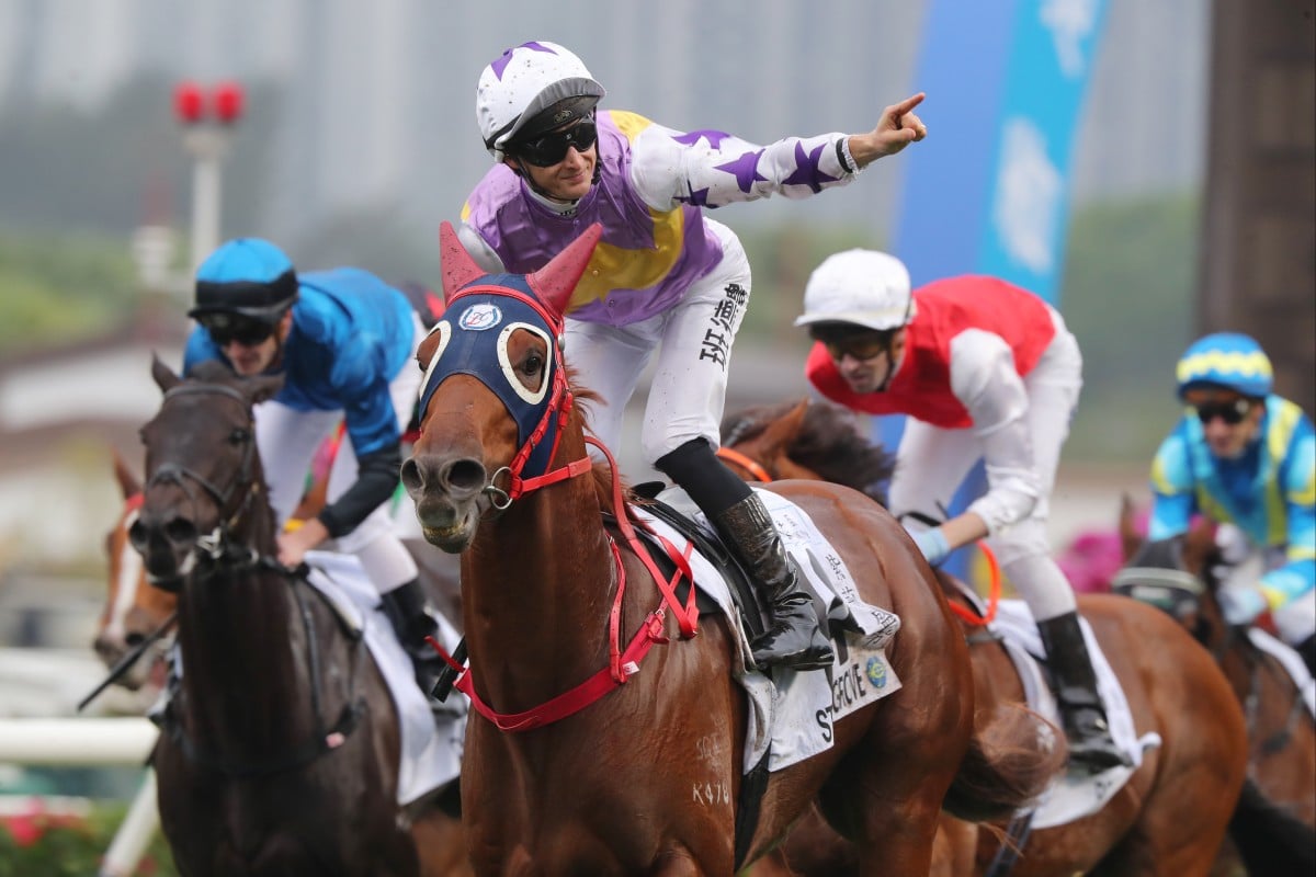 Harry Bentley celebrates as Stormy Grove wins the Classic Cup. Photos: Kenneth Chan