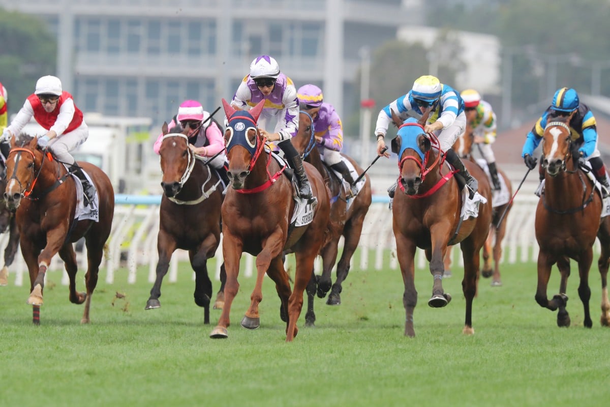 Stormy Grove (centre) powers to victory in the Classic Cup under Harry Bentley. Photos: Kenneth Chan