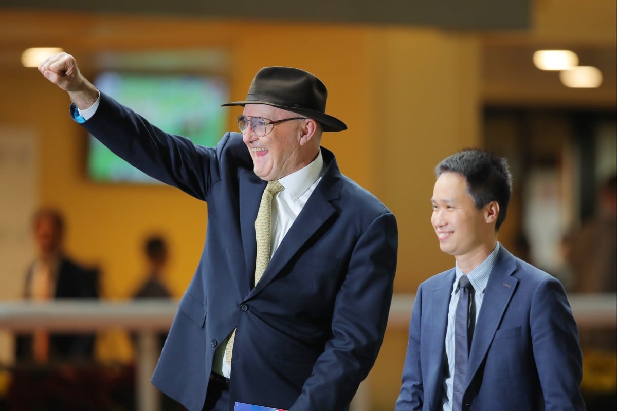 David Hayes celebrates most recent win at Happy Valley. Photos: Kenneth Chan