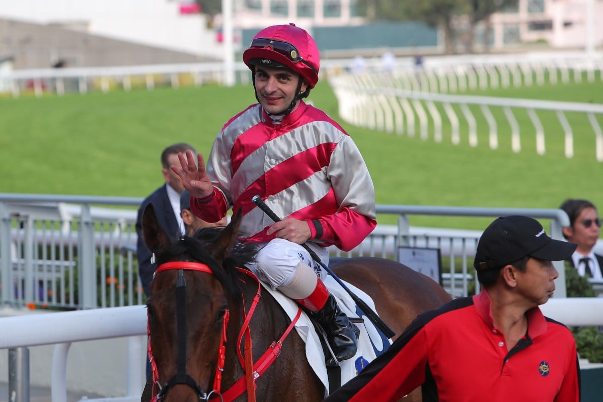 Andrea Atzeni celebrates his fourth win of the day at Sha Tin. Photo: Kenneth Chan