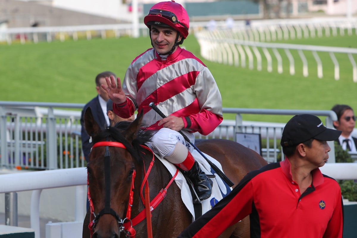 Andrea Atzeni celebrates his first Hong Kong four-timer at Sha Tin on March 8. Photos: Kenneth Chan