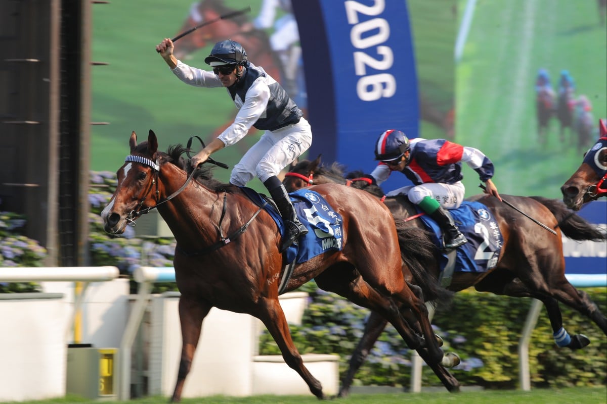 Hugh Bowman salutes after booting home Invincible Ibis in the 2026 Hong Kong Derby. Photos: Kenneth Chan