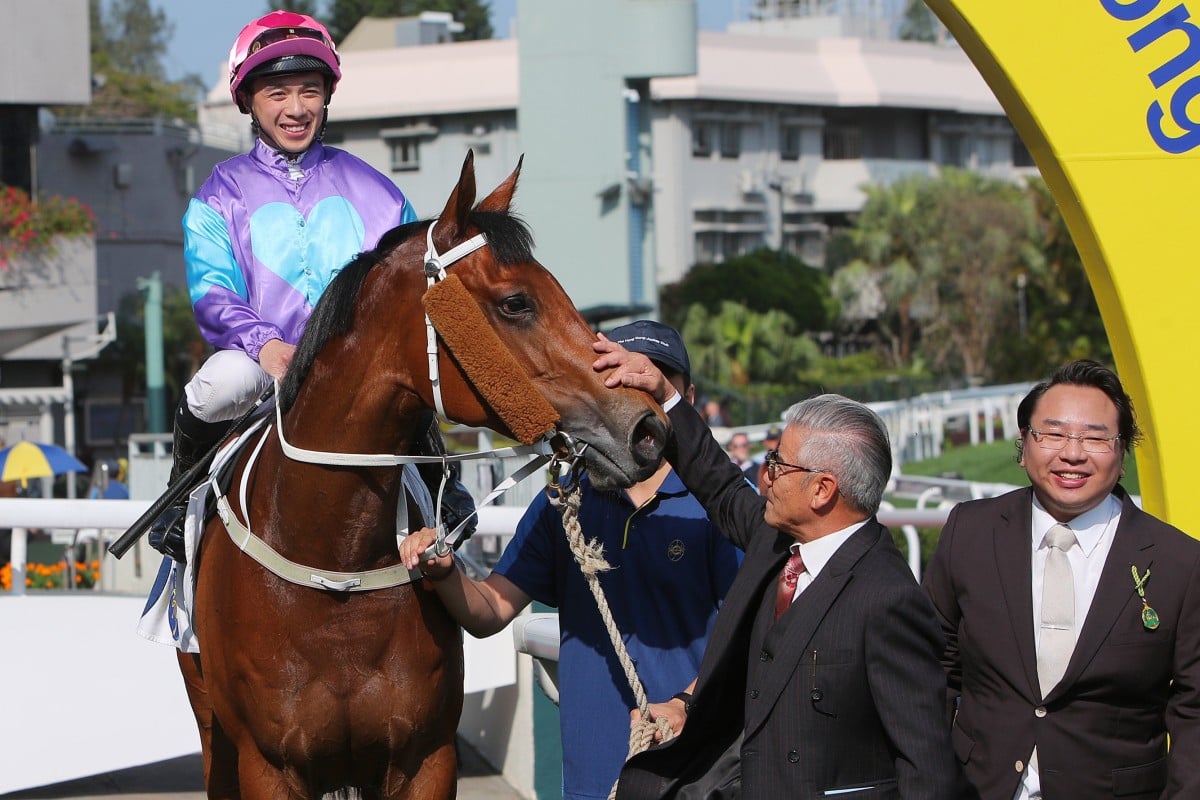 Angus Chung  and Tony Cruz celebrate the win of Stunning Peach at Sha Tin. Photos: Kenneth Chan.