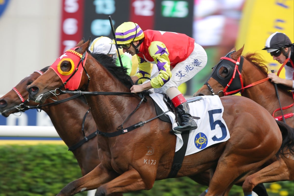 Crimson Flash, ridden by Andrea Atzeni, wins at Sha Tin. Photos: Kenneth Chan.