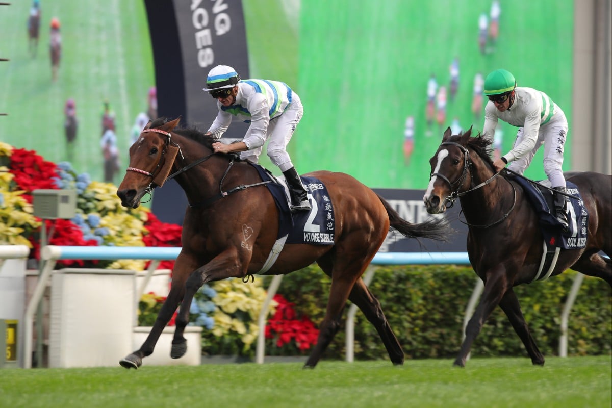 Voyage Bubble wins December’s Hong Kong Mile under Zac Purton. Photos: Kenneth Chan