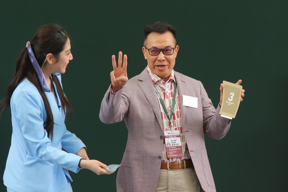 Owner Leung Shek-kong is delighted after drawing barrier three for Ka Ying Rising for Sunday’s Chairman’s Sprint Prize. Photos: Kenneth Chan.