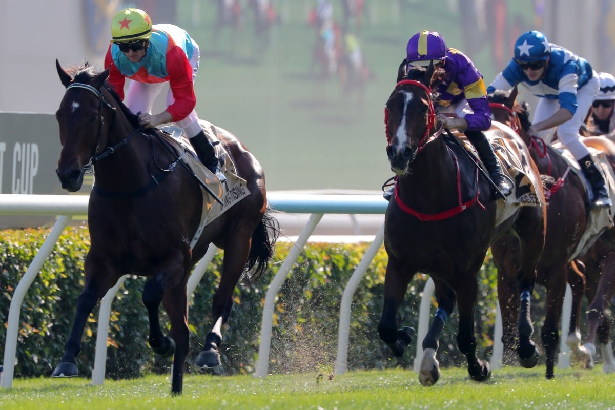 Helios Express (right) gives chase to Ka Ying Rising in the Centenary Sprint Cup. Photos: Kenneth Chan