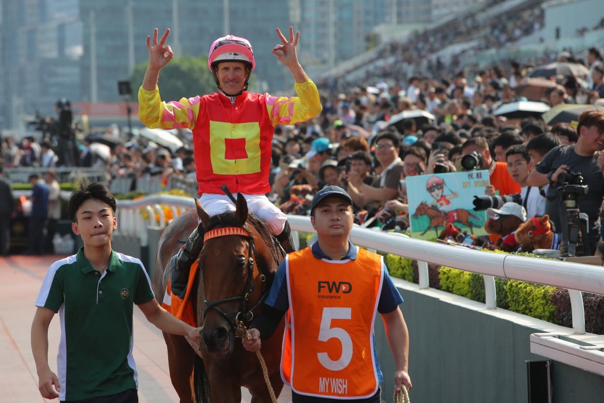 My Wish, ridden by Hugh Bowman, returns after winning the Group One Champions Mile at Sha Tin. Photos: Kenneth Chan
