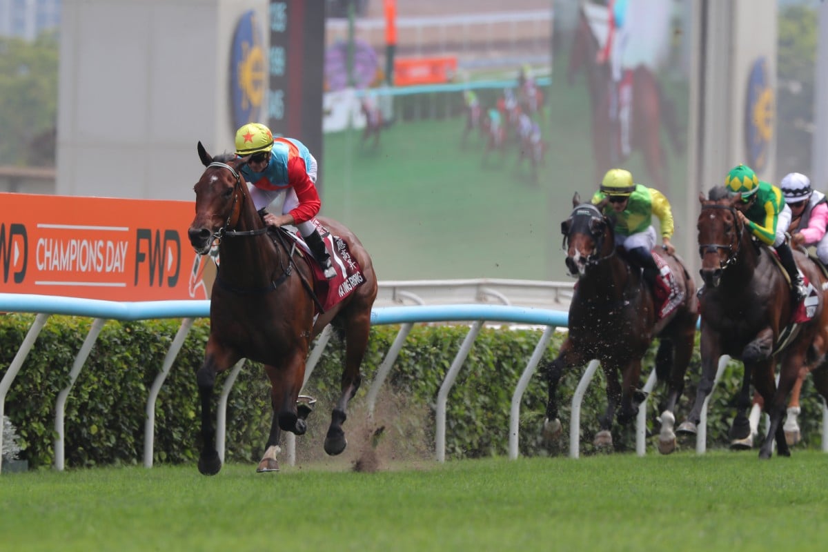 Ka Ying Rising wins the Group One Chairman’s Sprint Prize (1,200m). Photos: Kenneth Chan