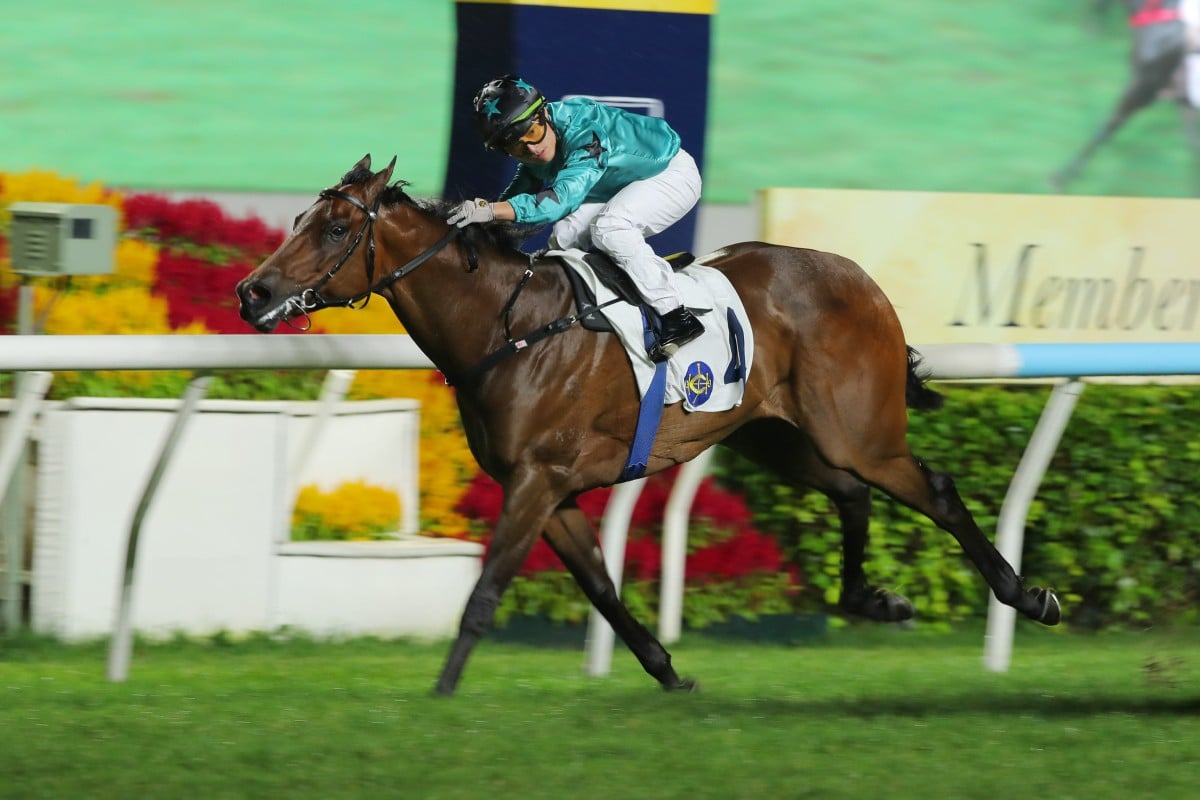 Turquoise Velocity wins narrowly under Keith Yeung. Photos: Kenneth Chan
