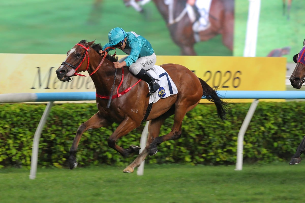 Romantic Thor, ridden by Matthew Poon, wins the Group Three Queen Mother Memorial Cup (2,400m). Photos: Kenneth Chan