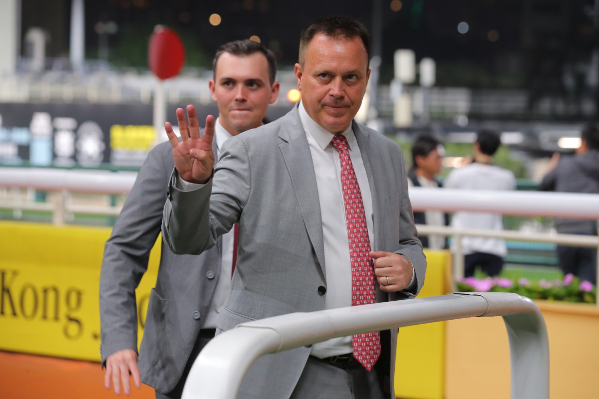 Caspar Fownes celebrates a Happy Valley four-timer last month. Photos: Kenneth Chan