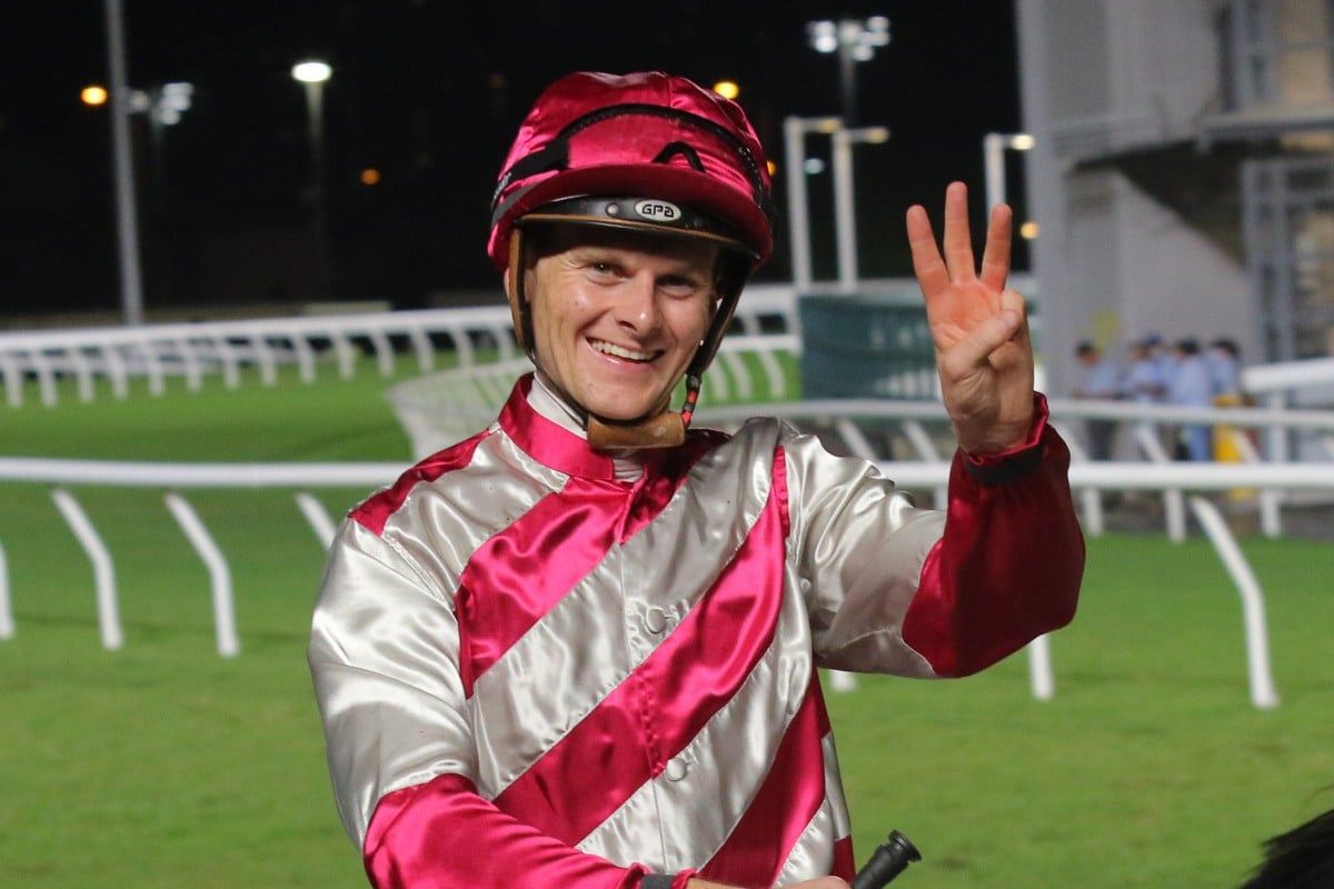 Ethan Brown celebrates his Sha Tin treble. Photos: Kenneth Chan