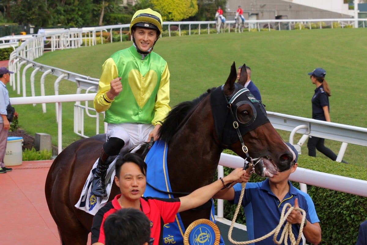 Harry Bentley celebrates his Group Two Premier Bowl victory on Tomodachi Kokoroe last October. Photos: Kenneth Chan
