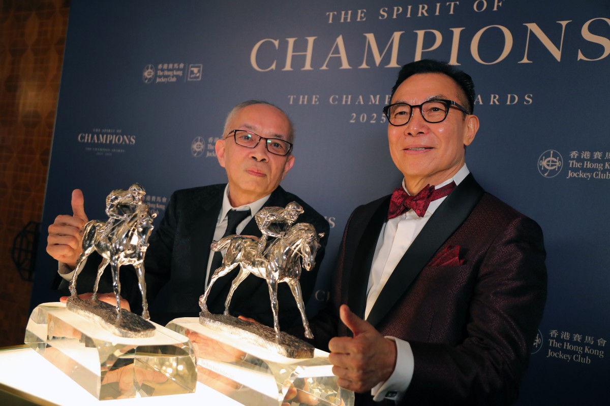 Owners Peter Lau Pak-fai and Leung Shek-kong after Romantic Warrior and Ka Ying Rising share Horse of the Year honours for 2025-25. Photos: Kenneth Chan