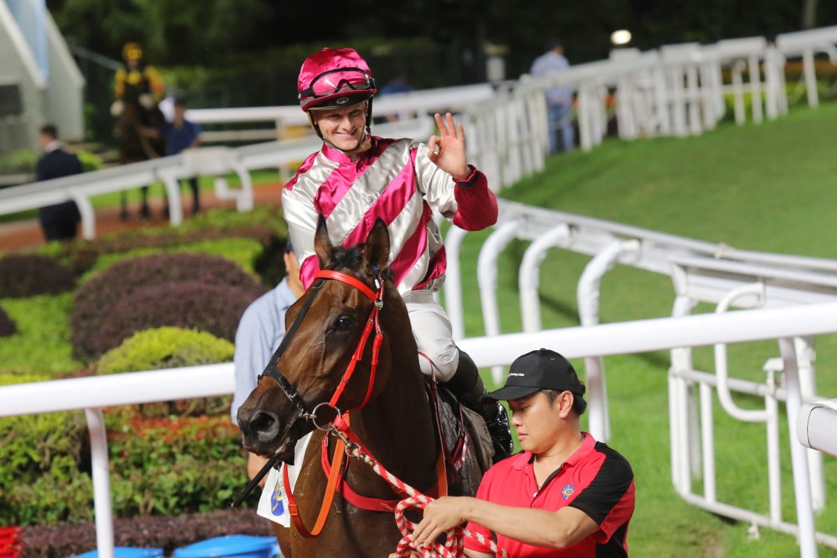 Ethan Brown celebrates after winning aboard Endued at Sha Tin. Photos: Kenneth Chan
                        
                        