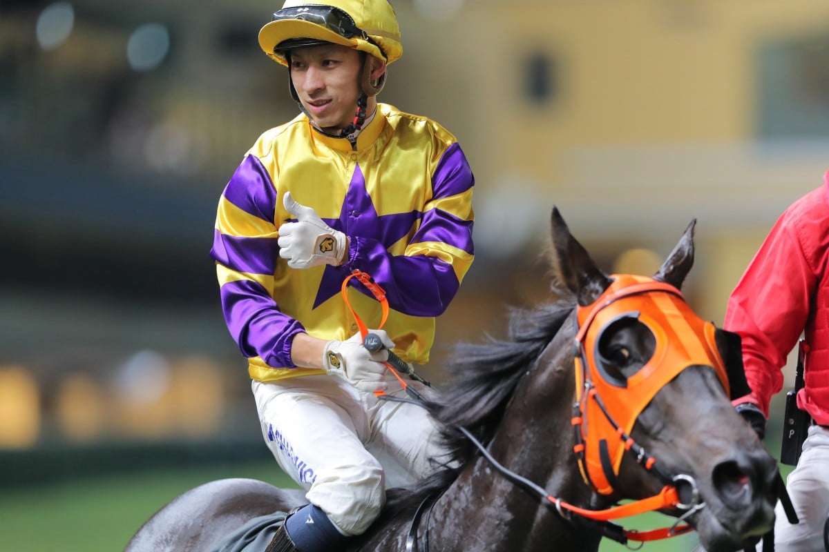 Matthew Chadwick celebrates his victory on Another Zonda at Happy Valley. Photo: Kenneth Chan.