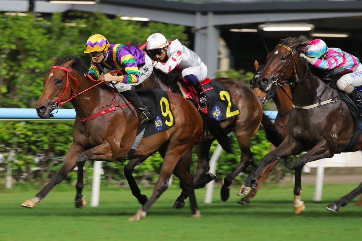Jerry Chau, here riding The Perfect Match (#9), enjoyed a stand-out season in Hong Kong last campaign, racking up 48 winners. Photo: Kenneth Chan.