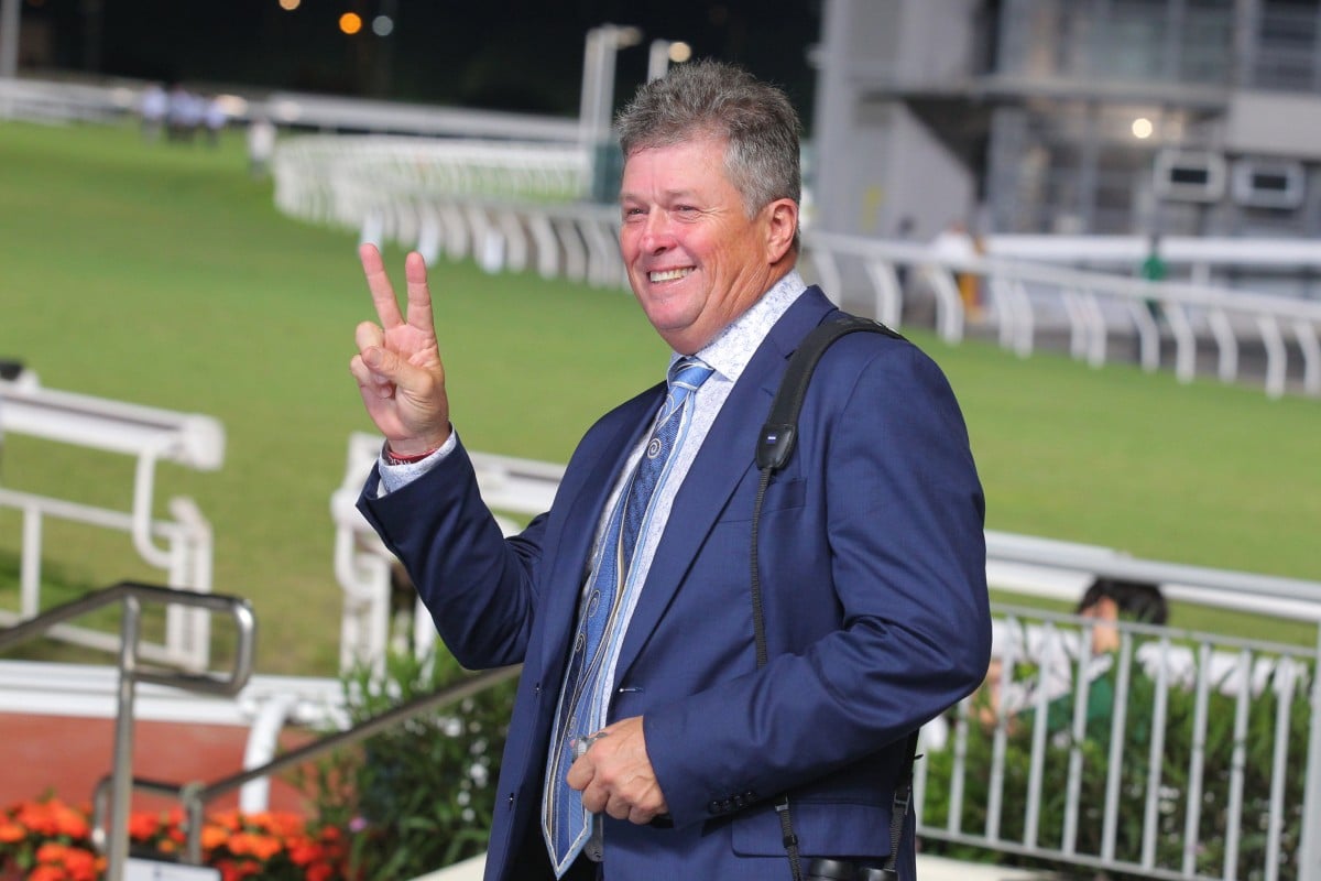 Brett Crawford celebrates a pair of winners at Sha Tin. Photos: Kenneth Chan