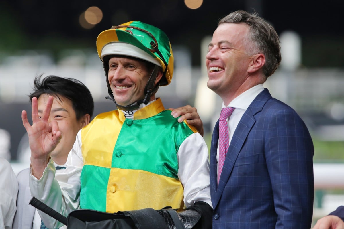 Jamie Richards celebrates a win at Happy Valley. Photos: Kenneth Chan