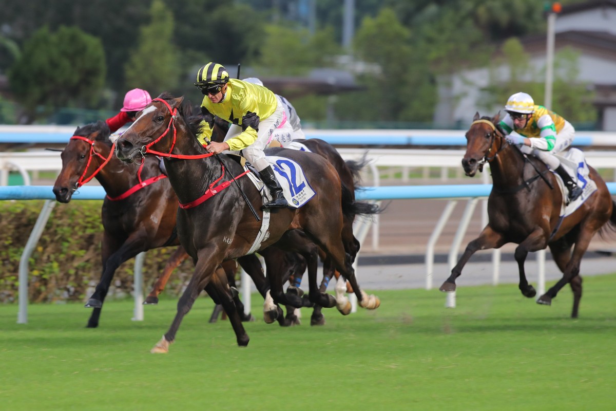 Zac Purton guides Nyx Gluck to victory at Sha Tin on Sunday. Photos: Kenneth Chan
