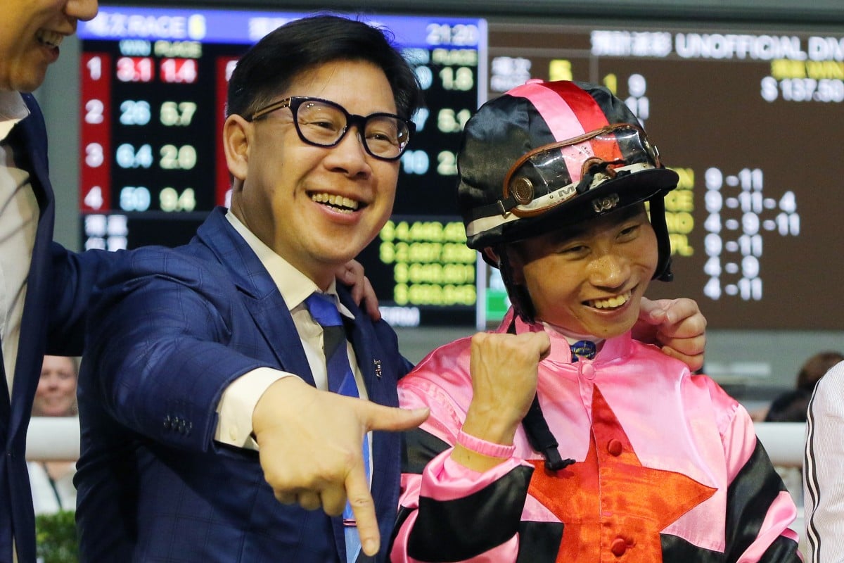 Dennis Yip and Dylan Mo celebrate The Show’s win at Happy Valley on Wednesday night. Photos: Kenneth Chan
