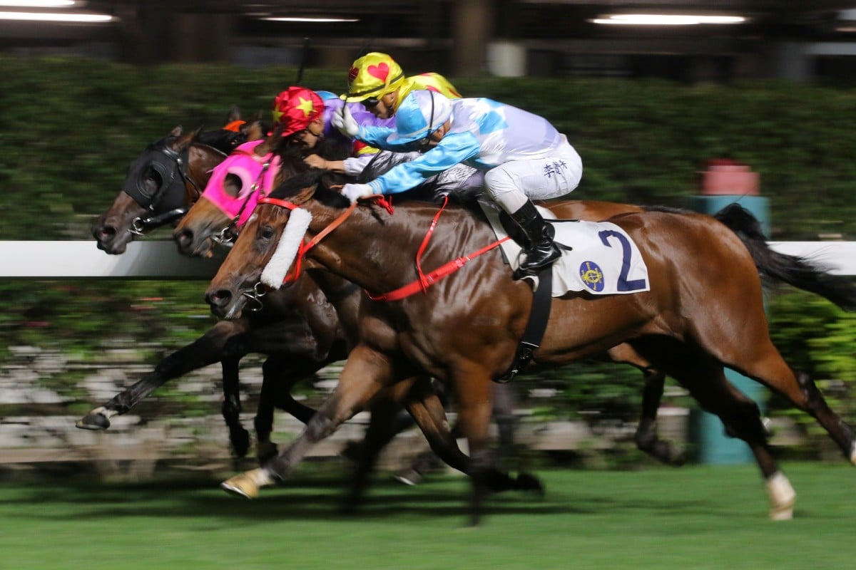 Umberto Rispoli boots home Ruletheroost at Happy Valley on Wednesday night. Photos: Kenneth Chan
