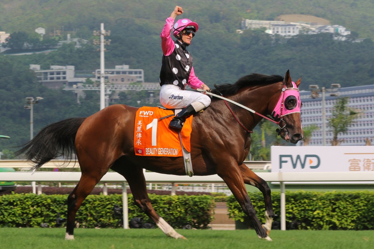 Zac Purton celebrates after Beauty Generation wins the FWD Champions Mile. Photos: Kenneth Chan