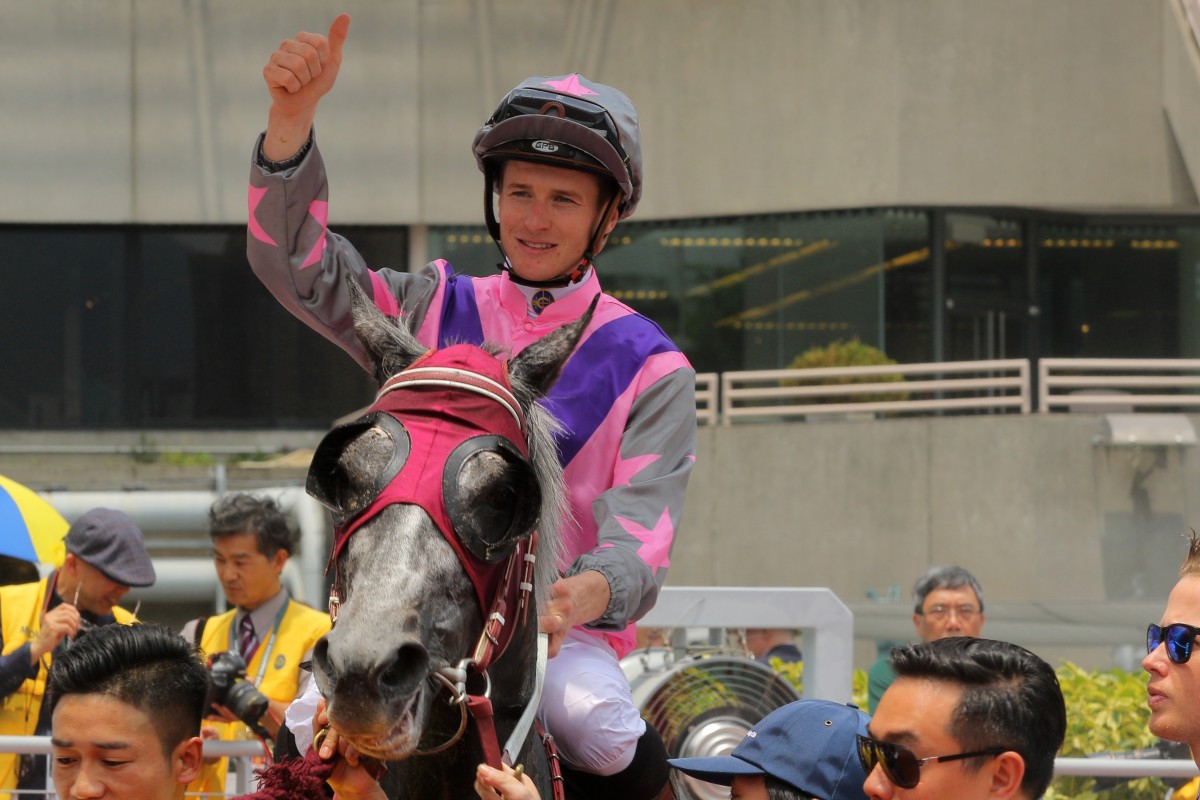 James McDonald shows his delight after winning on Monica. Photos: Kenneth Chan