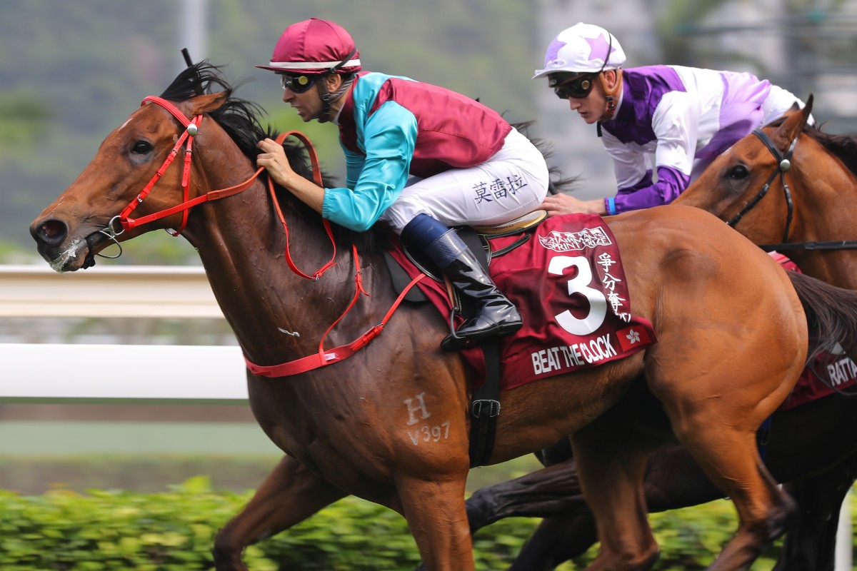 Beat The Clock wins the Group One Chairman’s Sprint Prize (1,200m) over Rattan at Sha Tin on Sunday. Photos: Kenneth Chan.