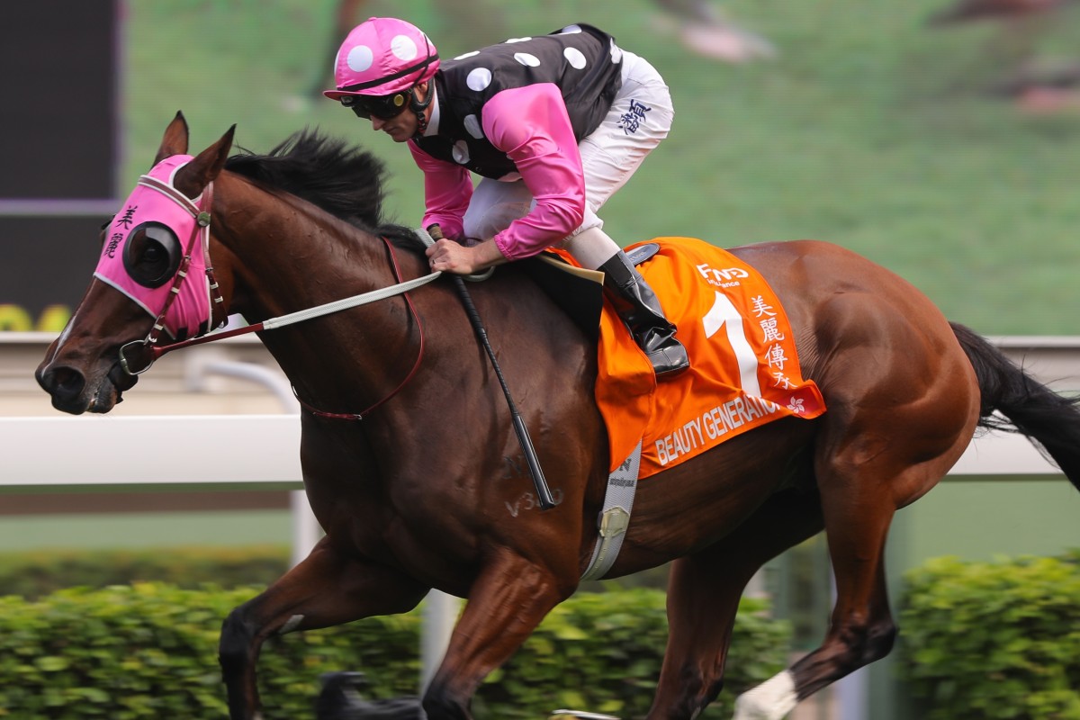 Jockey Zac Purton sits quietly on Beauty Generation as he coasts to victory in the Group One Champions Mile on Sunday. Photos: Kenneth Chan