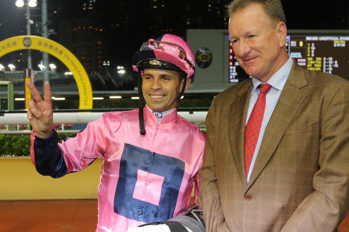 Jockey Aldo Domeyer with trainer Tony Millard after they combined for a double at Happy Valley last week. Photos: Kenneth Chan