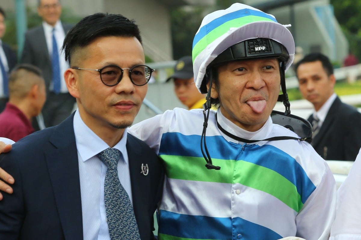 Trainer Frankie Lor (left) with his brother-in-law jockey Peter Ho after combining for a winner 12 months ago at Sha Tin. Photos: Kenneth Chan