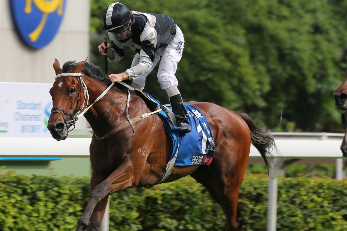 Exultant goes to the lead in the Champions & Chater Cup at Sha Tin on Sunday to win his third Group One of the season. Photos: Kenneth Chan