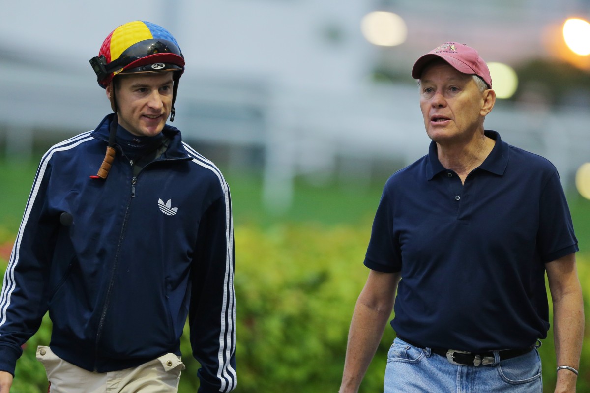 Blake Shinn (left) and John Moore at trackwork at Sha Tin in 2016. Photo: Kenneth Chan