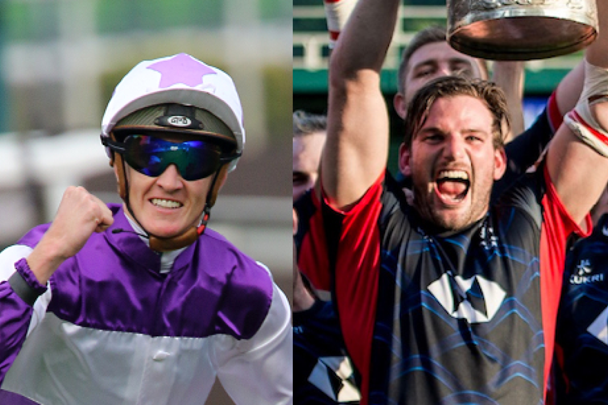 Jockey Chad Schofield and Hong Kong rugby captain James Cunningham. Photo: Kenneth Chan/HKRU