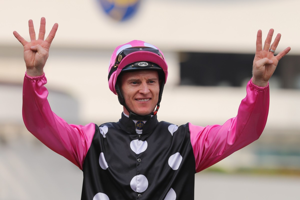 Zac Purton celebrates Beauty Generation’s eighth victory of the season. Photos: Kenneth Chan