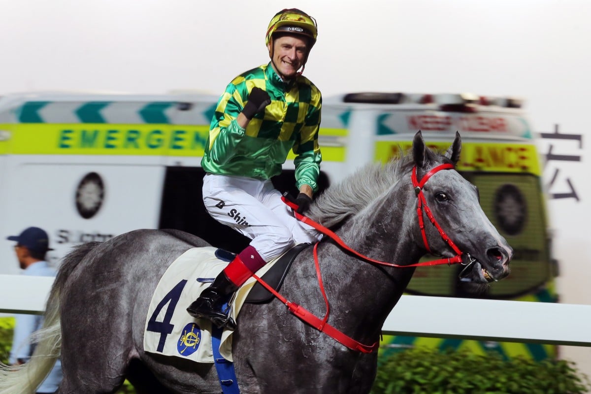 Blake Shinn pumps his fist after winning his first race in Hong Kong. Photos: Kenneth Chan