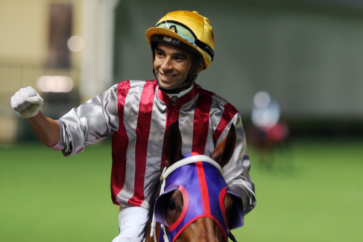Joao Moreira celebrates one of the six winners he has bagged this season. Photos: Kenneth Chan