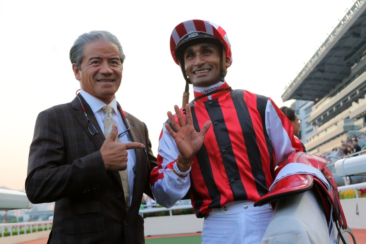 Karis Teetan celebrates his five winners at Sha Tin on Saturday with trainer Tony Cruz. Photos: Kenneth Chan