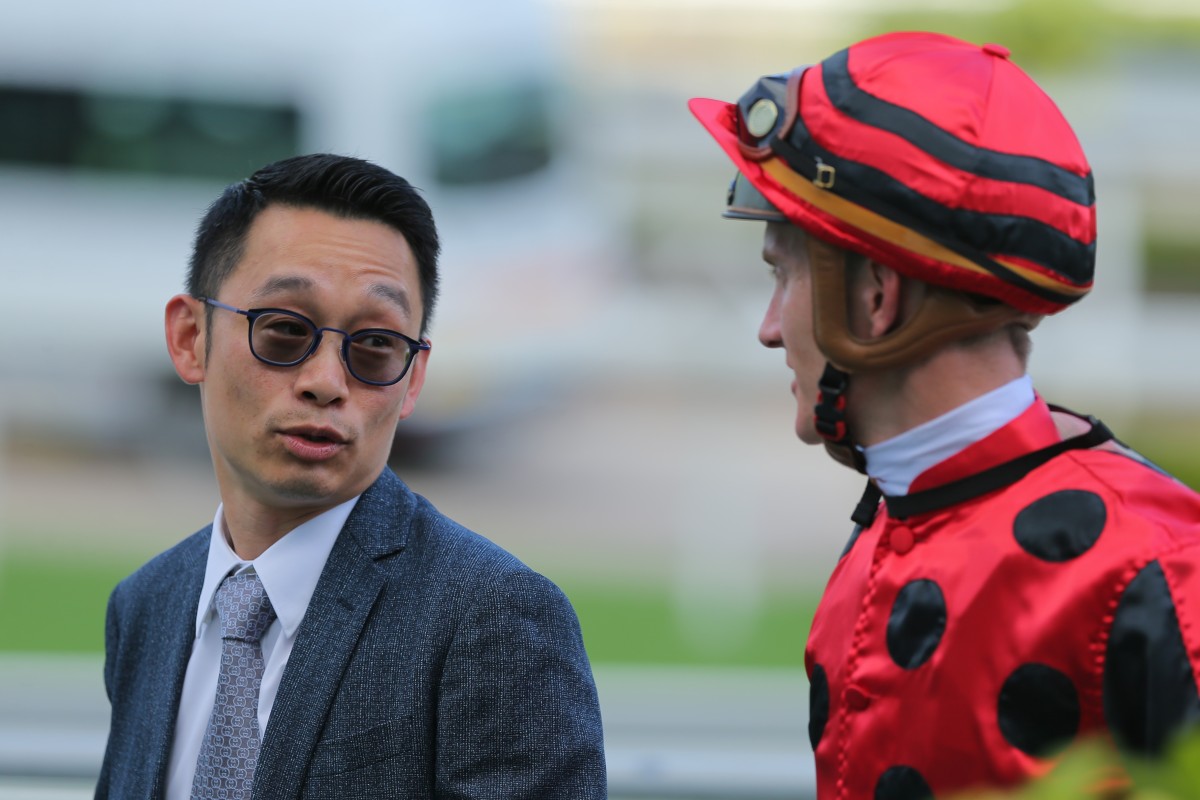 Trainer Jimmy Ting and jockey Chad Schofield share a laugh after combining for a winner this season. Photos: Kenneth Chan