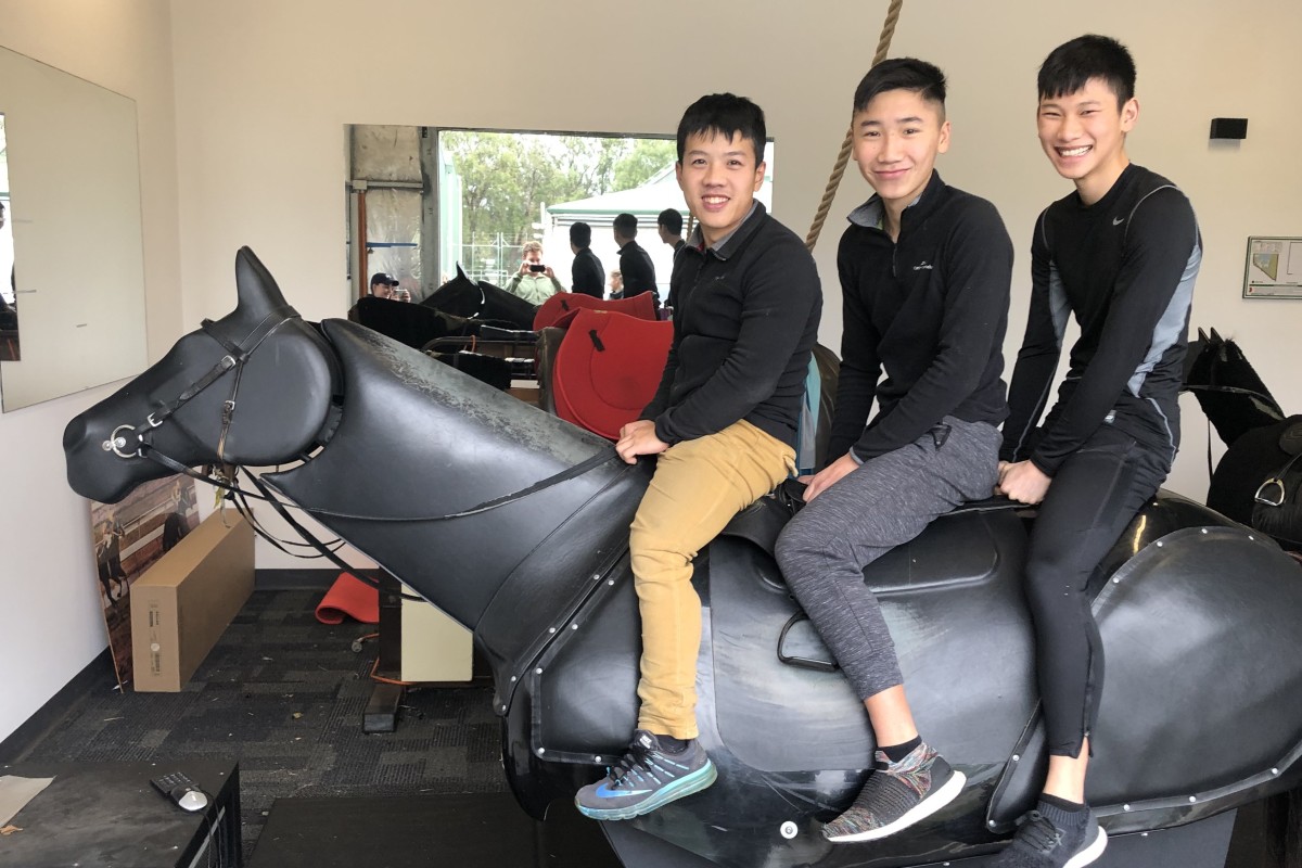 Hong Kong apprentice jockeys Kenny Lau (left), Gary Lo and Jerry Chau train in Adelaide. Photo: Sam Agars