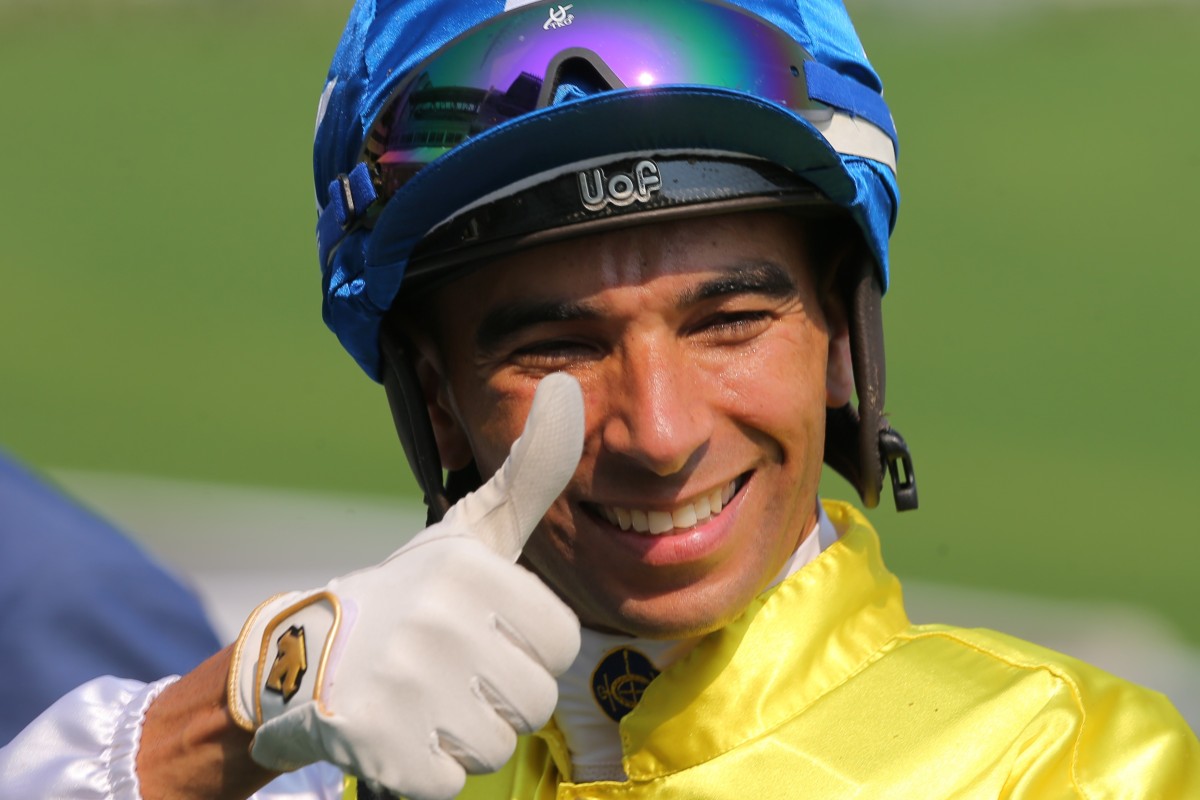 Joao Moreira is all smiles on his way to a four-timer at Sha Tin on Tuesday. Photo: Kenneth Chan