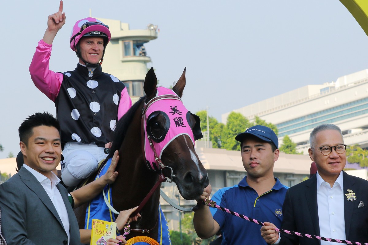 The Kwok family celebrate the win of Beauty Generation with jockey Zac Purton at Sha Tin on Tuesday. Photos: Kenneth Chan