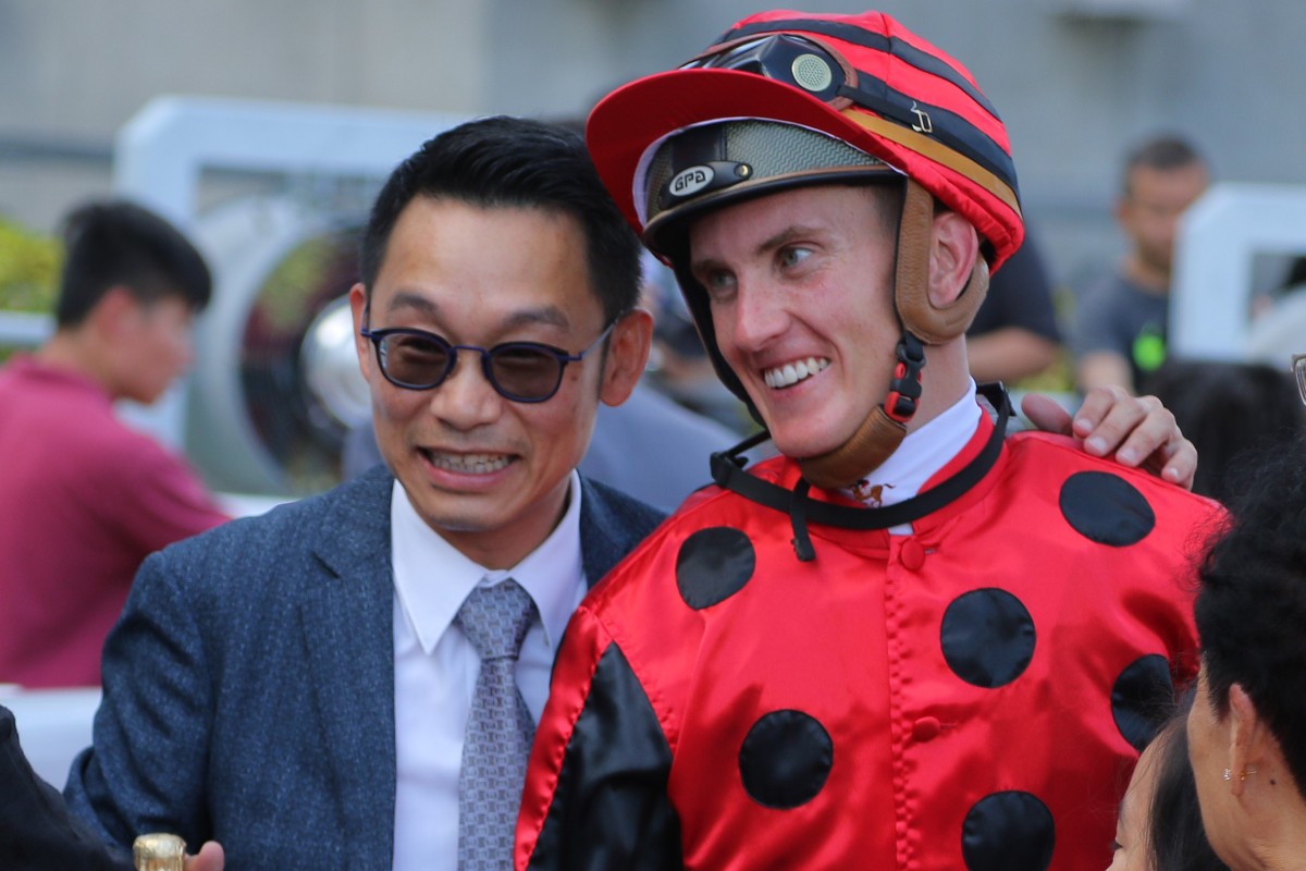 Trainer Jimmy Ting and jockey Chad Schofield celebrate the win of Deal Maker at Sha Tin this season. Photos: Kenneth Chan