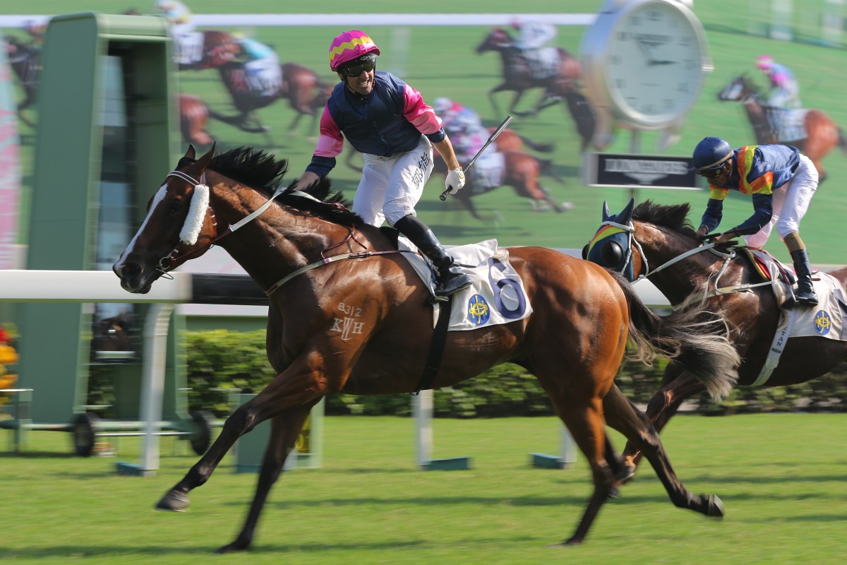 Neil Callan shows his delight as Thanks Forever crosses the line. Photos: Kenneth Chan